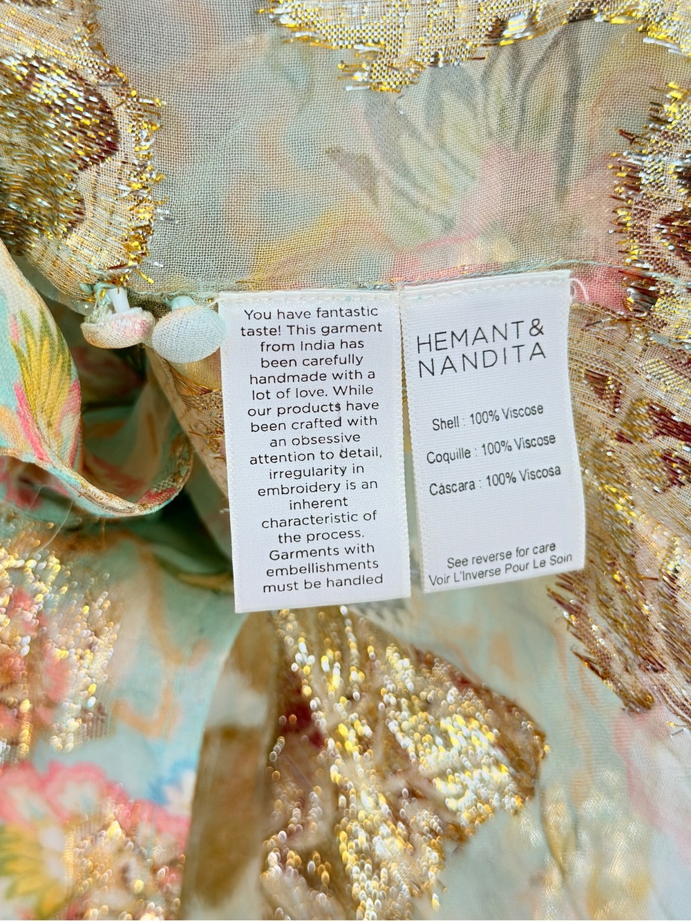 Hemant & Nandita Floral Metallic Gold Button Down Shirt Size S - Picture 5 of 5